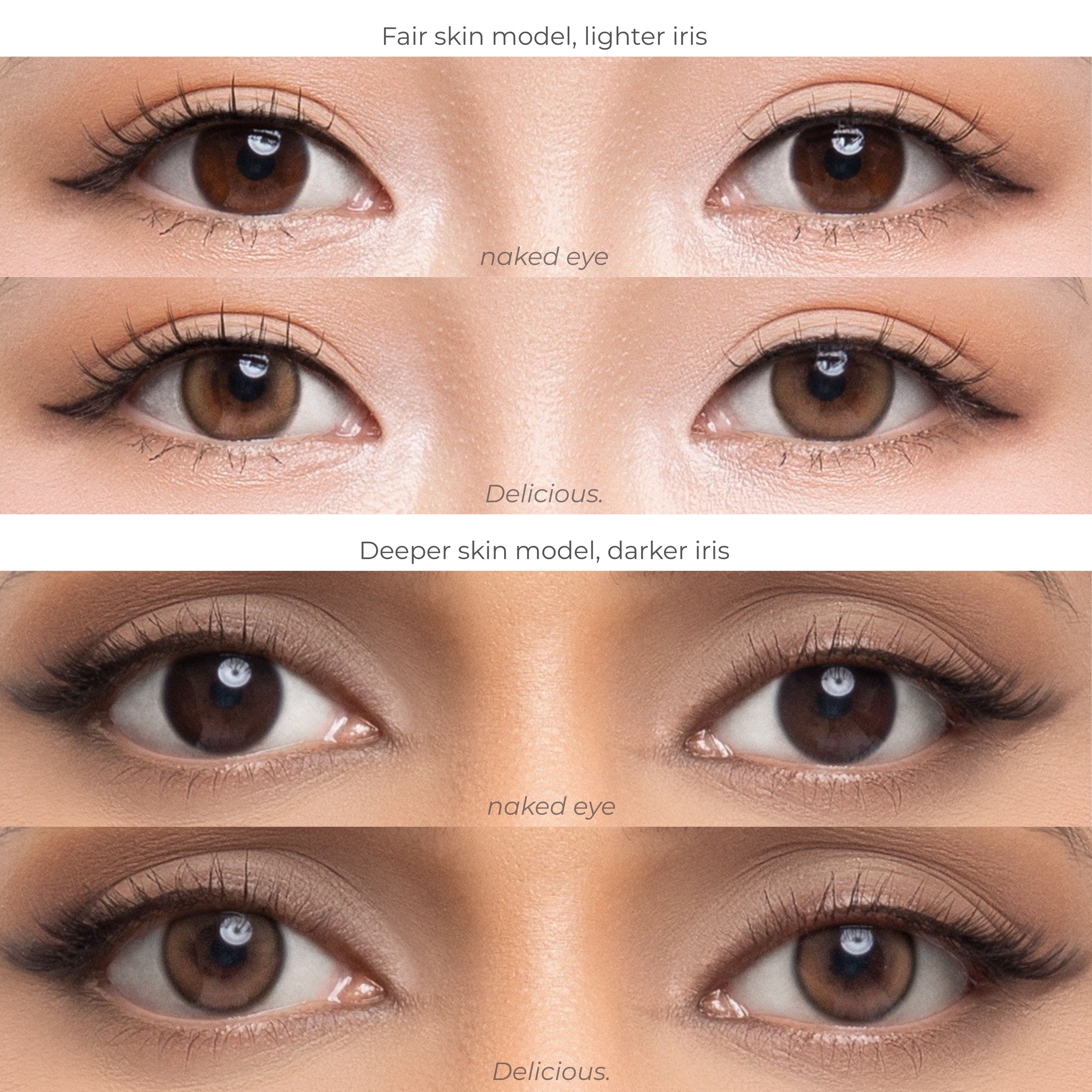 Comparison chart of joocy natural brown cosmetic lenses in shade Delicious, demonstrating the muted sepia brown payoff on a fair skin model with a lighter iris versus a deep skin model with a dark iris.