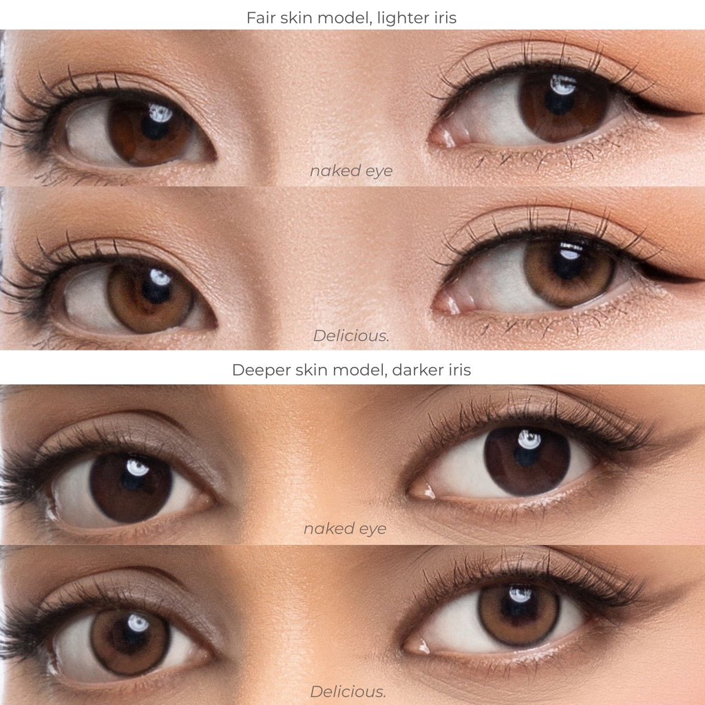 Side view gaze comparison chart of joocy natural brown cosmetic lenses in shade Delicious, demonstrating the muted sepia brown payoff on a fair skin model with a lighter iris versus a deep skin model with a dark iris.