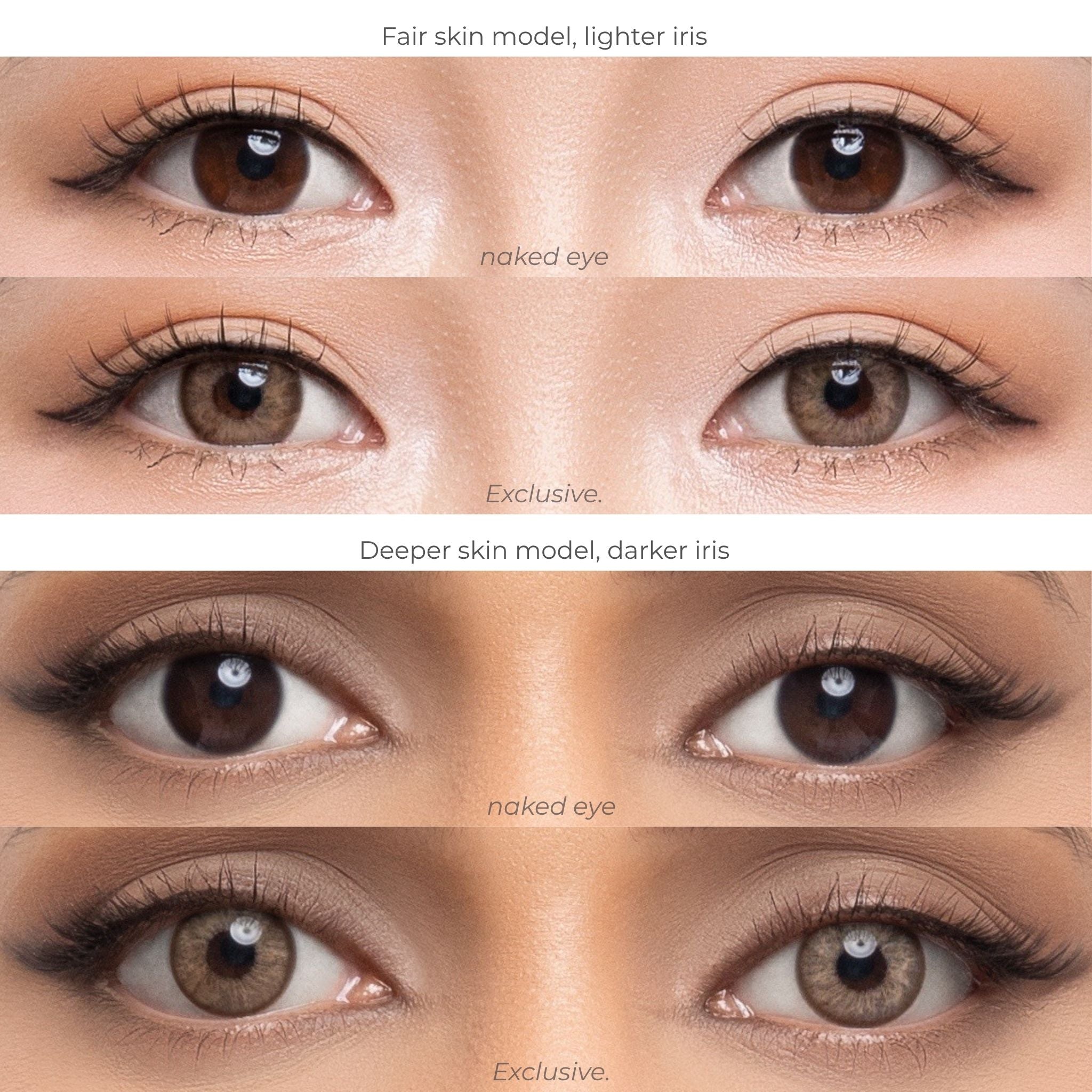 Comparison chart of joocy light honey brown cosmetic lenses in shade Exclusive, demonstrating the luminous honey-gold sunburst gradient on a fair skin model with a lighter iris versus a deep skin model with a dark iris.