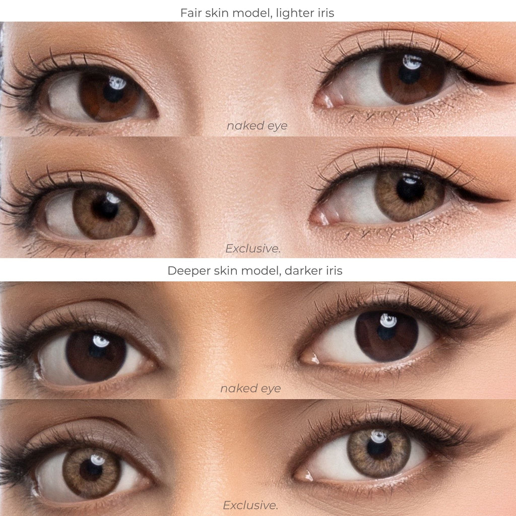 Side view gaze comparison chart of joocy light honey brown cosmetic lenses in shade Exclusive, demonstrating the luminous honey-gold sunburst gradient on a fair skin model with a lighter iris versus a deep skin model with a dark iris.