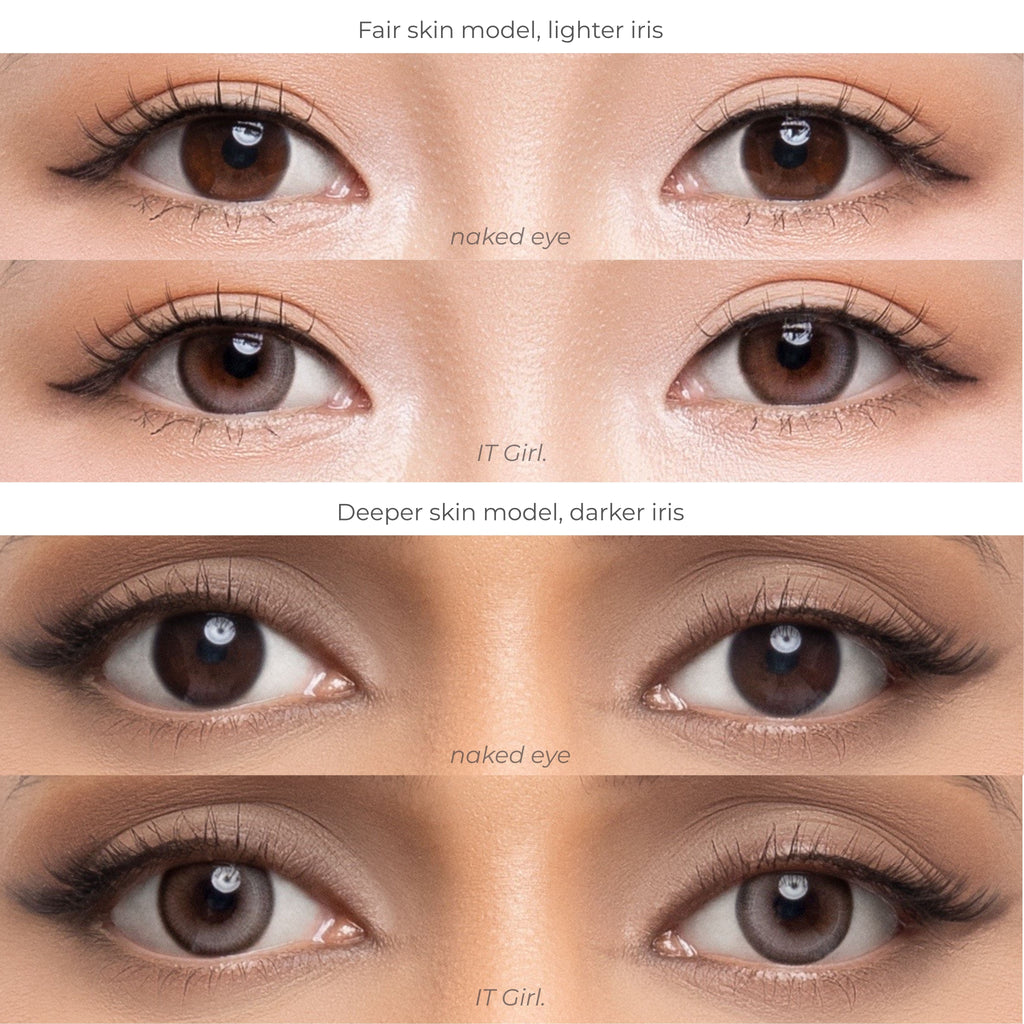 Comparison chart of joocy grey-brown cosmetic lenses in shade IT Girl, demonstrating the iced-grey doll-eye highlight on a fair skin model with a lighter iris versus a deep skin model with a dark iris.