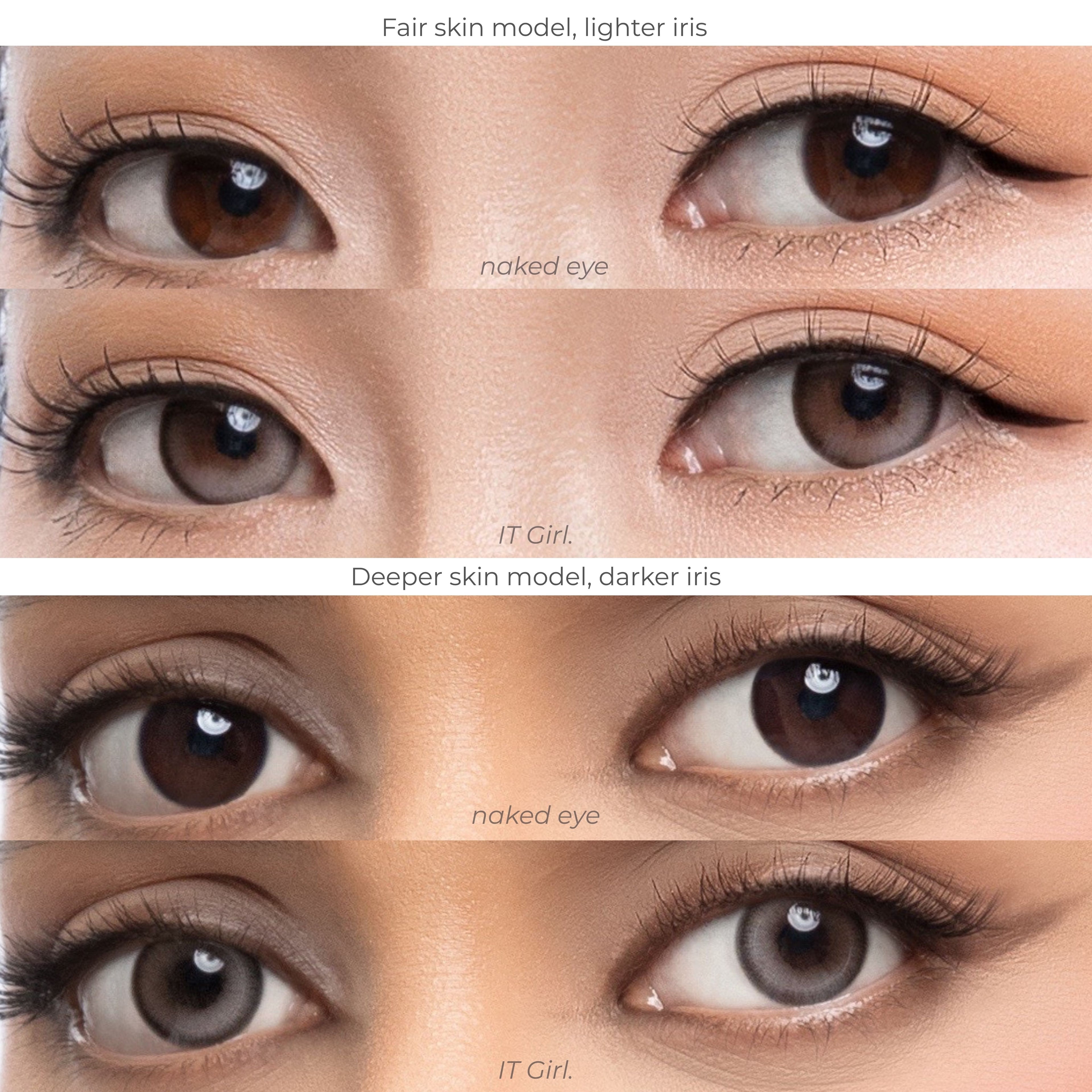 Side view gaze comparison chart of joocy grey-brown cosmetic lenses in shade IT Girl, demonstrating the iced-grey doll-eye highlight on a fair skin model with a lighter iris versus a deep skin model with a dark iris.