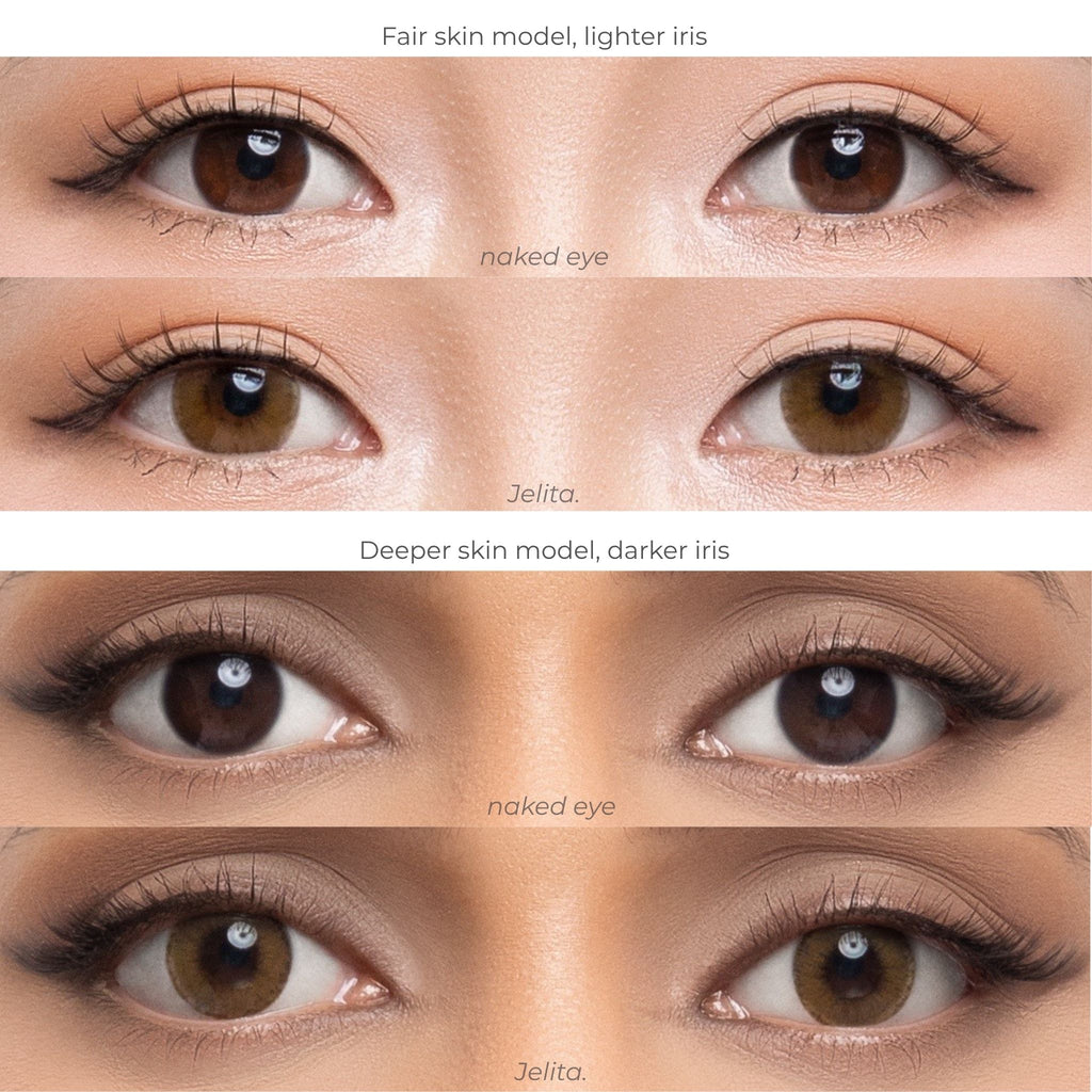 Comparison chart of joocy olive-brown cosmetic lenses in shade Jelita, demonstrating the quiet-luxury ochre-hazel pattern on a fair skin model with a lighter iris versus a deep skin model with a dark iris.