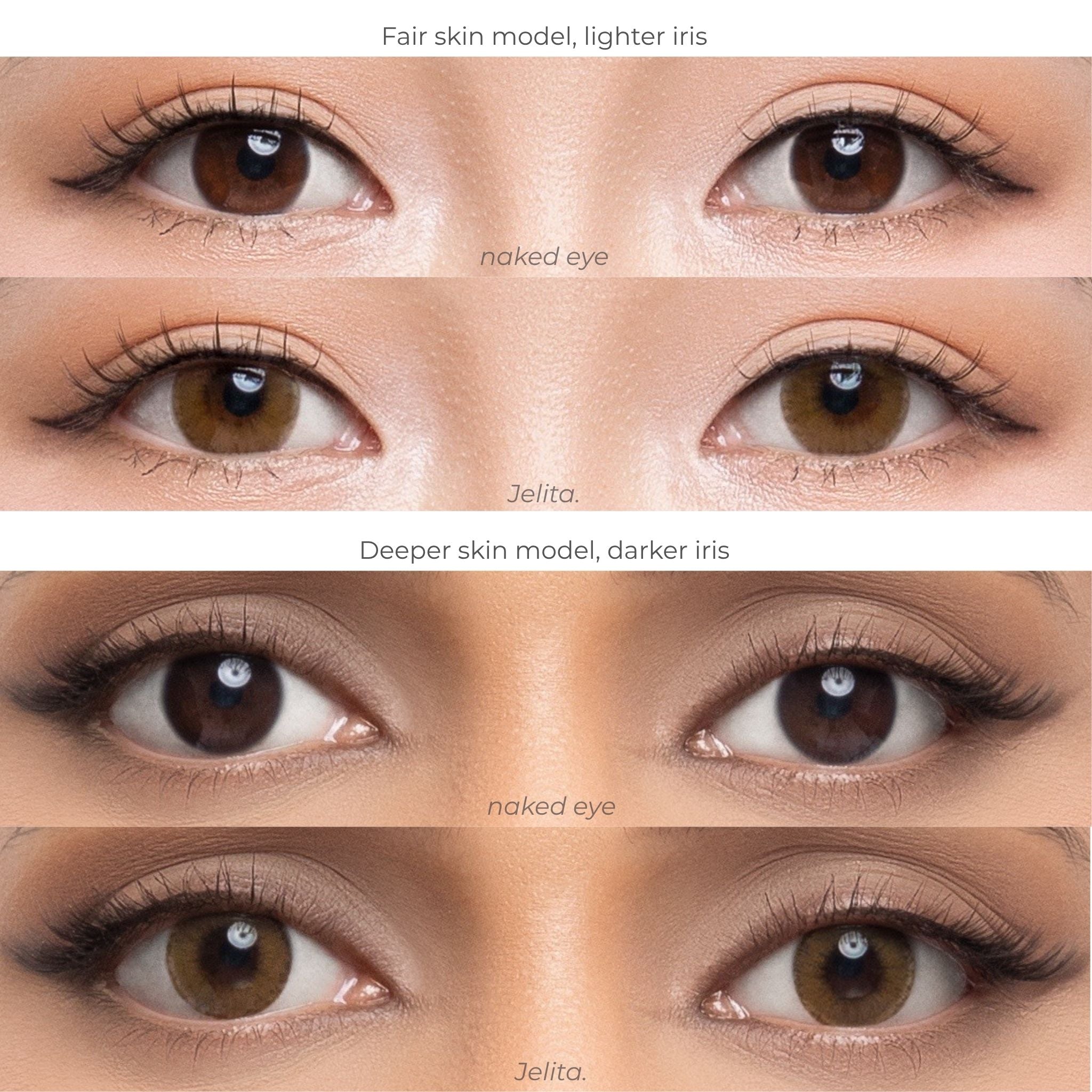 Comparison chart of joocy olive-brown cosmetic lenses in shade Jelita, demonstrating the quiet-luxury ochre-hazel pattern on a fair skin model with a lighter iris versus a deep skin model with a dark iris.