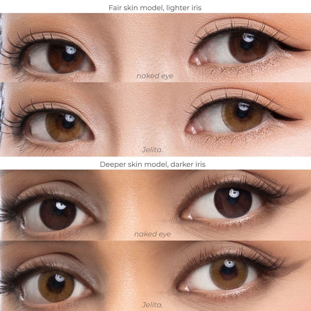Side view gaze comparison chart of joocy olive-brown cosmetic lenses in shade Jelita, demonstrating the quiet-luxury ochre-hazel pattern on a fair skin model with a lighter iris versus a deep skin model with a dark iris.