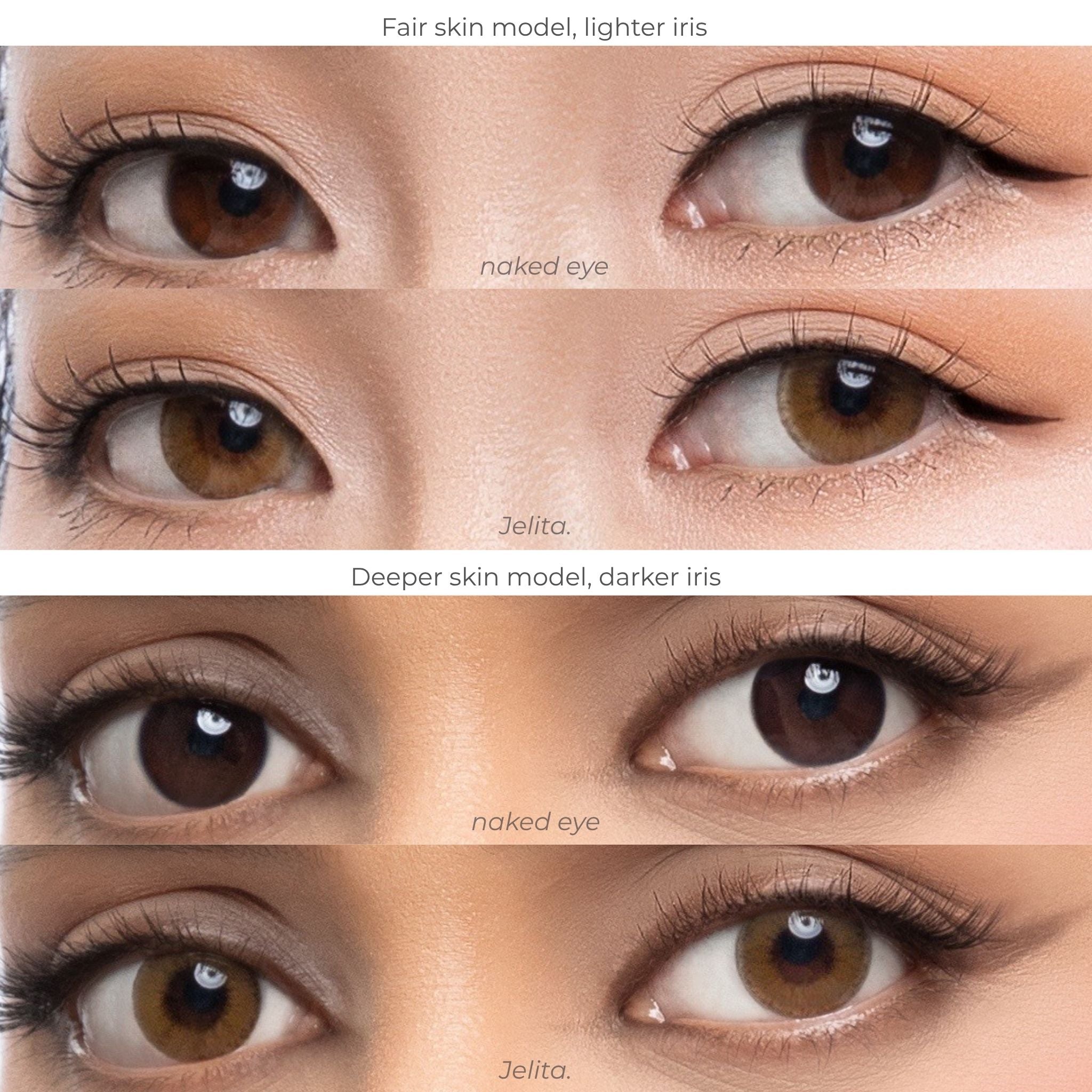 Side view gaze comparison chart of joocy olive-brown cosmetic lenses in shade Jelita, demonstrating the quiet-luxury ochre-hazel pattern on a fair skin model with a lighter iris versus a deep skin model with a dark iris.