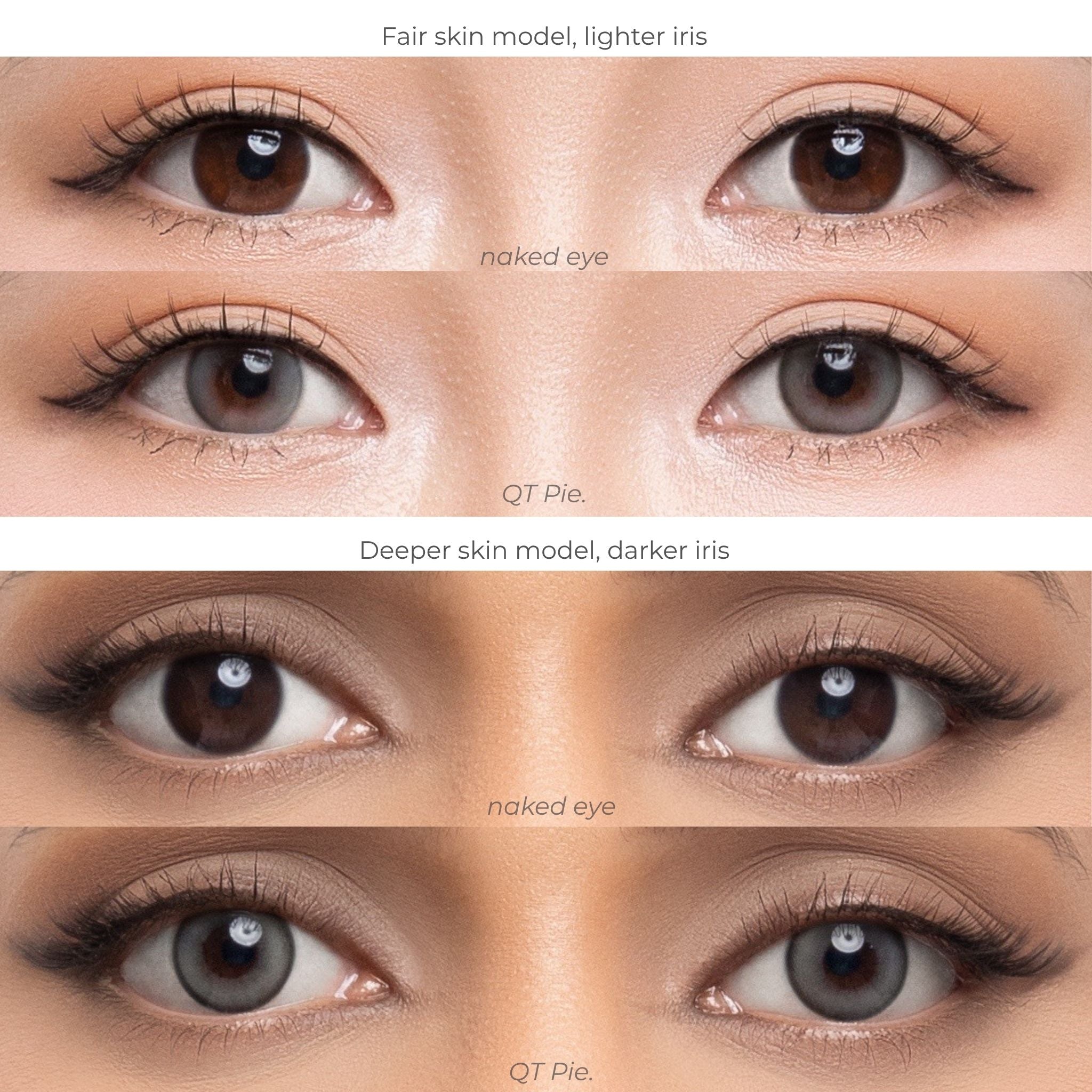 Comparison chart of joocy natural ash-grey cosmetic lenses in shade QT Pie, demonstrating the ethereal idol-glow gradient on a fair skin model with a lighter iris versus a deep skin model with a dark iris.