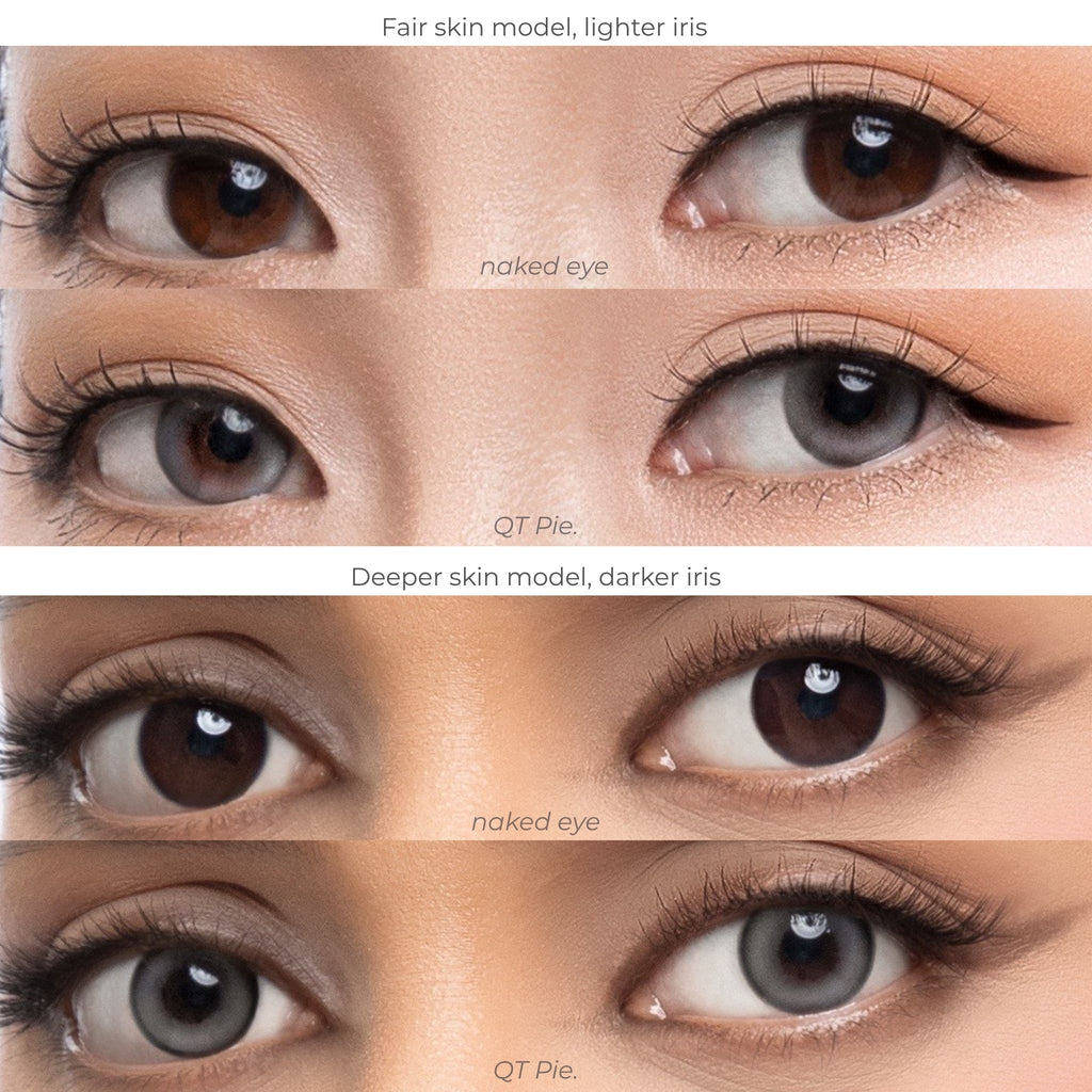 Side view gaze comparison chart of joocy natural ash-grey cosmetic lenses in shade QT Pie, demonstrating the ethereal idol-glow gradient on a fair skin model with a lighter iris versus a deep skin model with a dark iris.